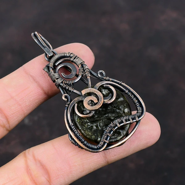 Moldavite Round Green Handmade Copper Wire Wrapped Pendant