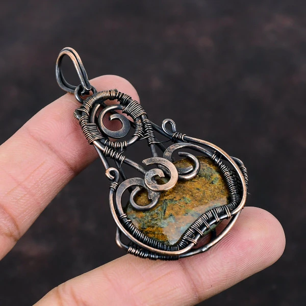 Spessartine Garnet in Limestone Oval Green Handmade Copper Wire Wrapped Pendant
