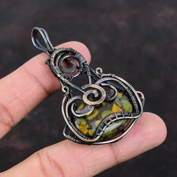 Fruit Jasper Oval Brown Handmade Copper Wire Wrapped Pendant