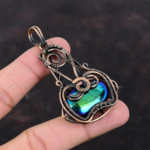 Mystic Fire Labradorite Oval Green Handmade Copper Wire Wrapped Pendant