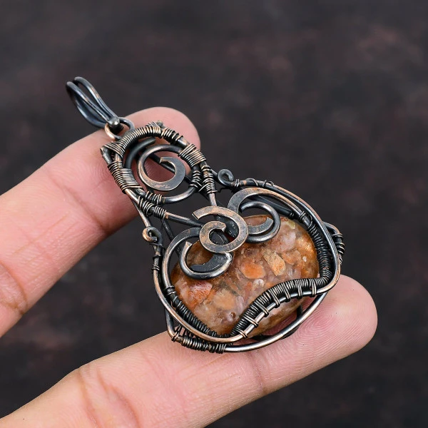 Sunstone Oval Orange Handmade Copper Wire Wrapped Pendant