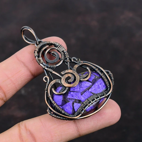 Copper Charoite Oval Purple Handmade Copper Wire Wrapped Pendant