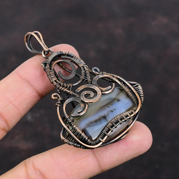 Montana Agate Oval Brown Handmade Copper Wire Wrapped Pendant