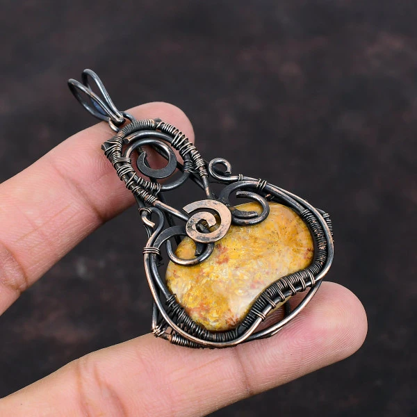 Fossil Coral Oval Yellow Handmade Copper Wire Wrapped Pendant