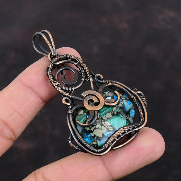 Copper Azurite Malachite Oval Green Handmade Copper Wire Wrapped Pendant