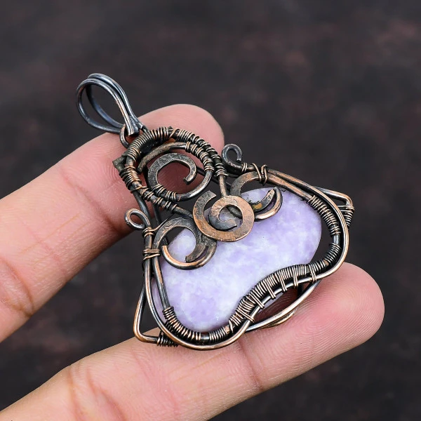Lepidolite Oval Purple Handmade Copper Wire Wrapped Pendant