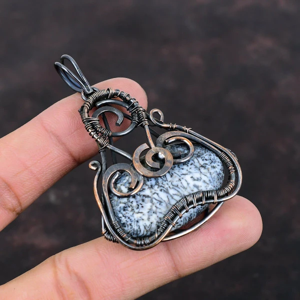 Dendrite Opal Oval Black Handmade Copper Wire Wrapped Pendant