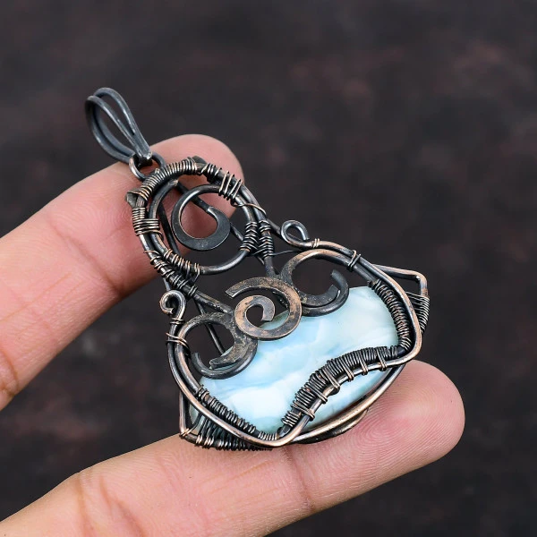 Larimar Oval Blue Handmade Copper Wire Wrapped Pendant