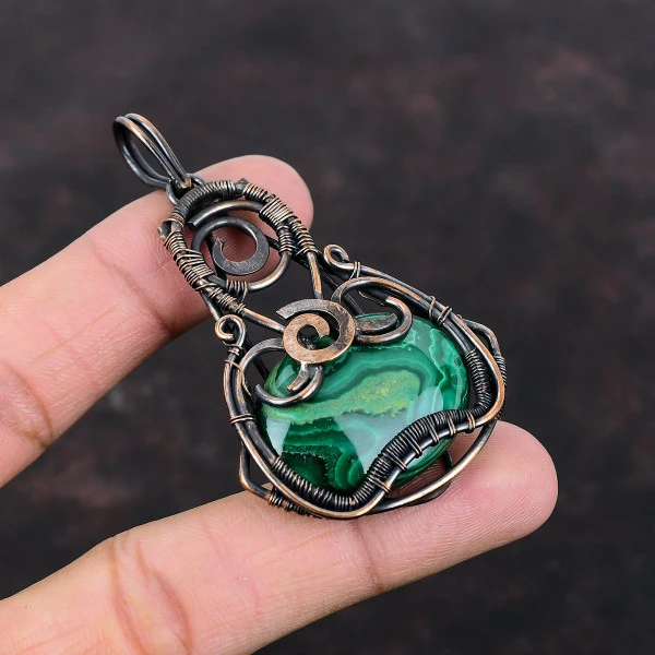 Malachite Oval Green Handmade Copper Wire Wrapped Pendant