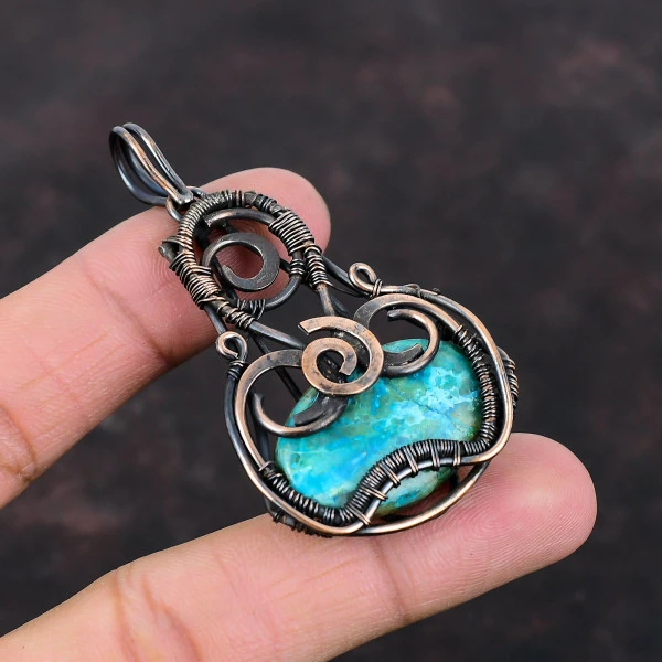 Shattuckite Oval Blue Handmade Copper Wire Wrapped Pendant