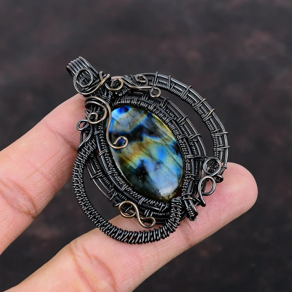 Labradorite Oval Gray Handmade Copper Wire Wrapped Pendant