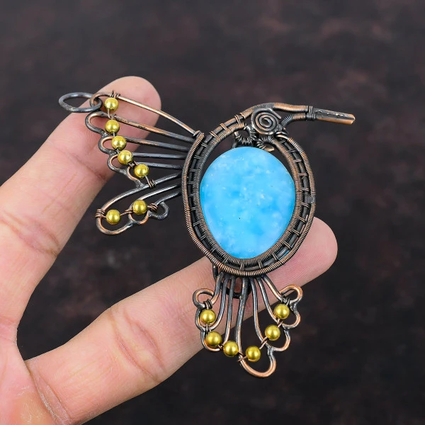 Smithsonite Oval Blue Handmade Copper Wire Wrapped Pendant