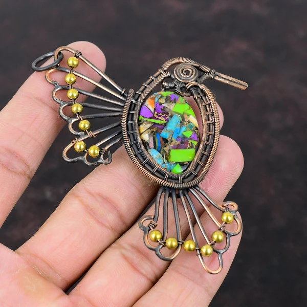 Fiesta Kingman Turquoise Oval Green Handmade Copper Wire Wrapped Pendant