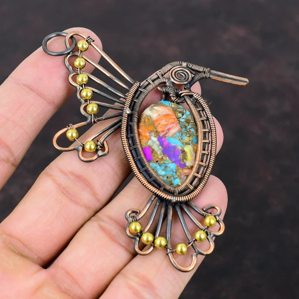 Multi Copper Turquoise Oval Orange Handmade Copper Wire Wrapped Pendant