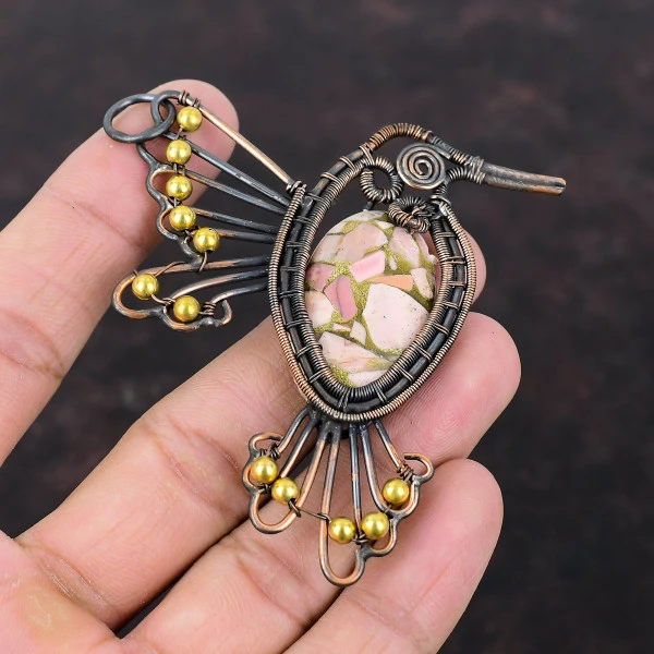 Copper Pink Opal Oval Pink Handmade Copper Wire Wrapped Pendant