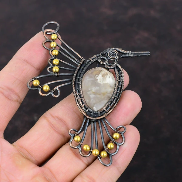 Plume Agate Oval Yellow Handmade Copper Wire Wrapped Pendant