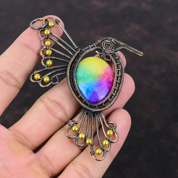 Rainbow Solar Quartz Druzy Oval Pink Handmade Copper Wire Wrapped Pendant