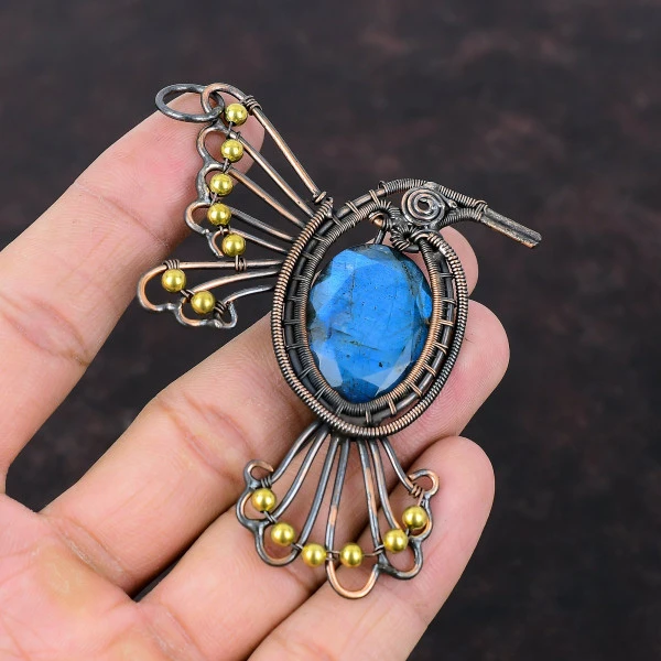 Labradorite Oval Blue Handmade Copper Wire Wrapped Pendant