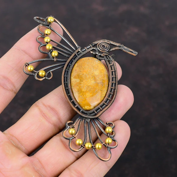 Fossil Coral Oval Yellow Handmade Copper Wire Wrapped Pendant