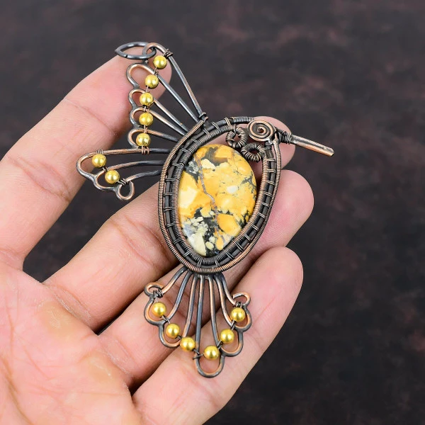 Maligano Jasper Oval Yellow Handmade Copper Wire Wrapped Pendant