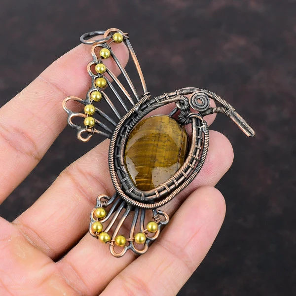 Tiger's Eye Oval Brown Handmade Copper Wire Wrapped Pendant