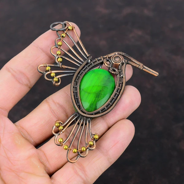 Green Fire Labradorite Oval Green Handmade Copper Wire Wrapped Pendant
