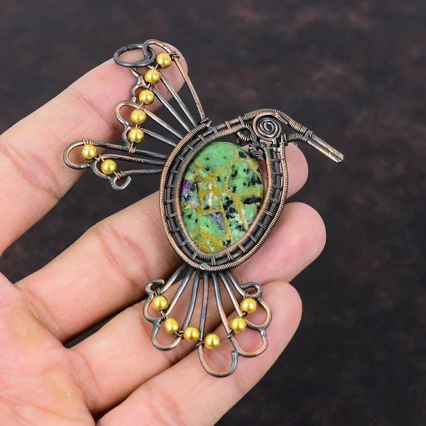 Copper Ruby Zoisite Oval Green Handmade Copper Wire Wrapped Pendant