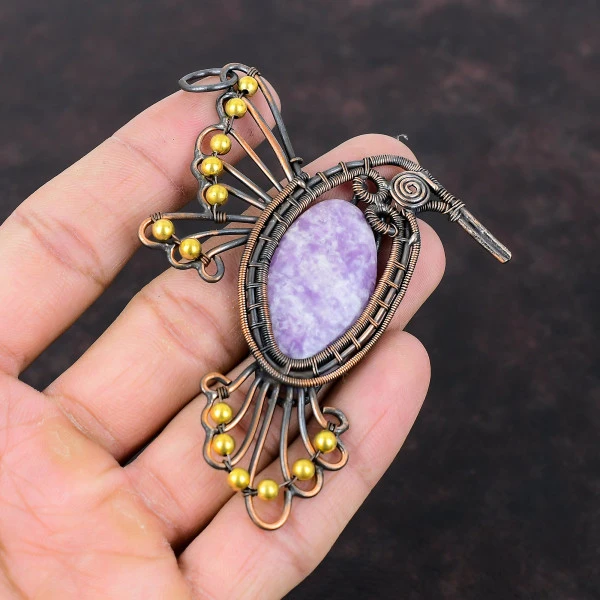 Lepidolite Oval Purple Handmade Copper Wire Wrapped Pendant