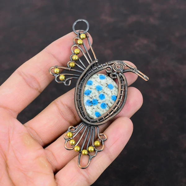 K2 Jasper Oval White Handmade Copper Wire Wrapped Pendant