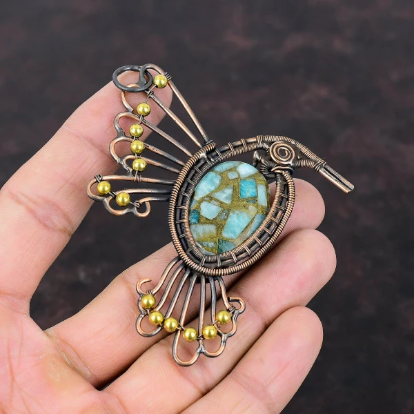 Copper Amazonite Oval Green Handmade Copper Wire Wrapped Pendant