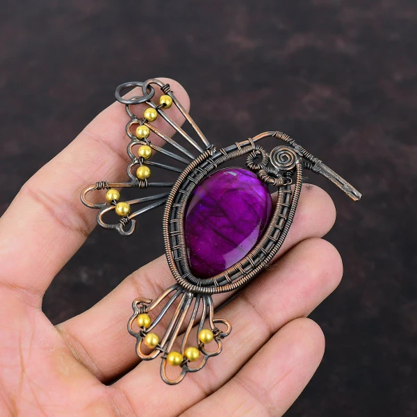 Purple Fire Labradorite Oval Purple Handmade Copper Wire Wrapped Pendant