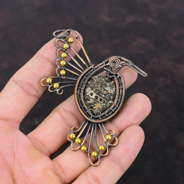 Turritella Agate Oval Brown Handmade Copper Wire Wrapped Pendant