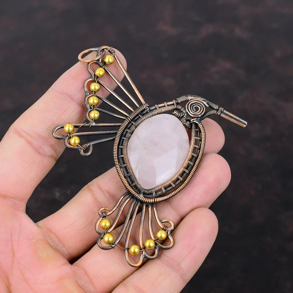 Rose Quartz Oval Pink Handmade Copper Wire Wrapped Pendant