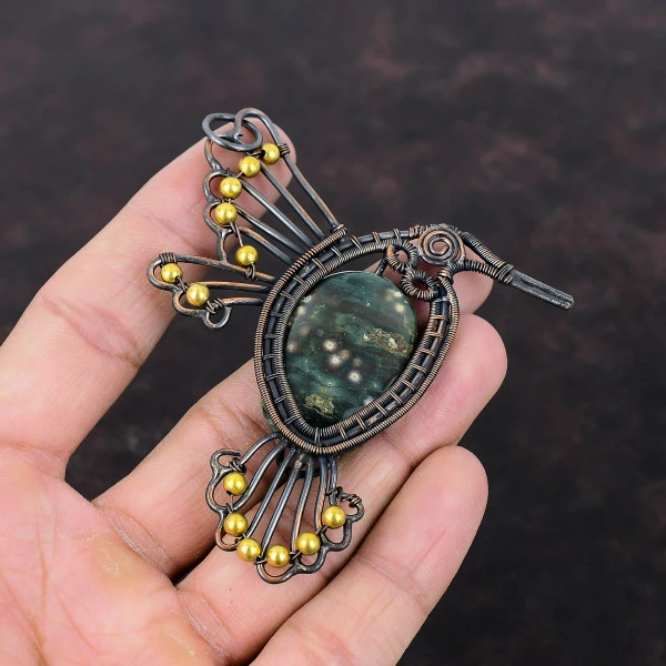 Ocean Jasper Oval Green Handmade Copper Wire Wrapped Pendant