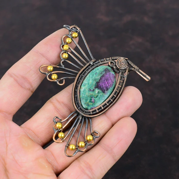 Ruby Fuchsite Oval Green Handmade Copper Wire Wrapped Pendant