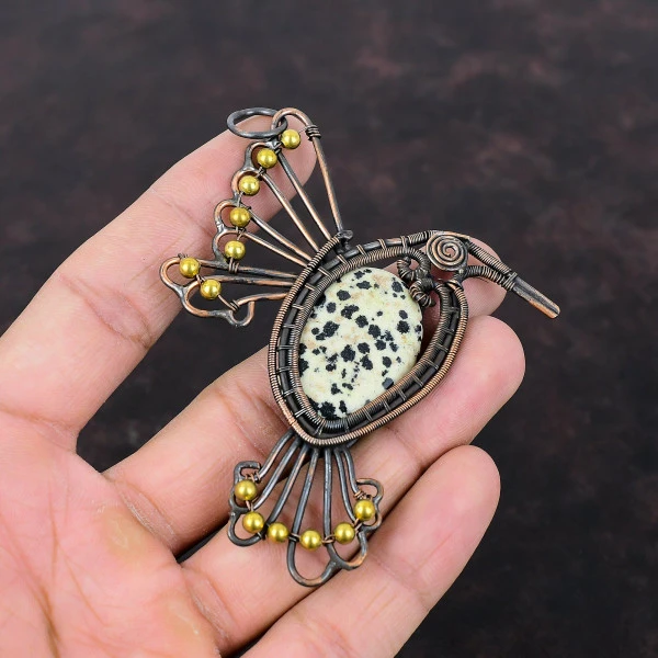 Dalmatian Jasper Oval Black Handmade Copper Wire Wrapped Pendant
