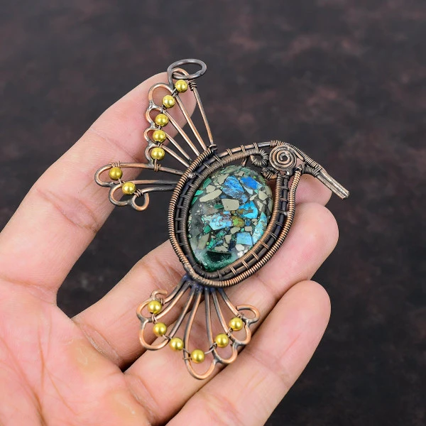 Copper Azurite Malachite Oval Blue Handmade Copper Wire Wrapped Pendant