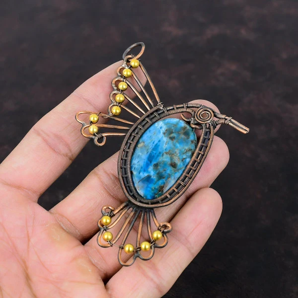 Neon Apatite Oval Blue Handmade Copper Wire Wrapped Pendant