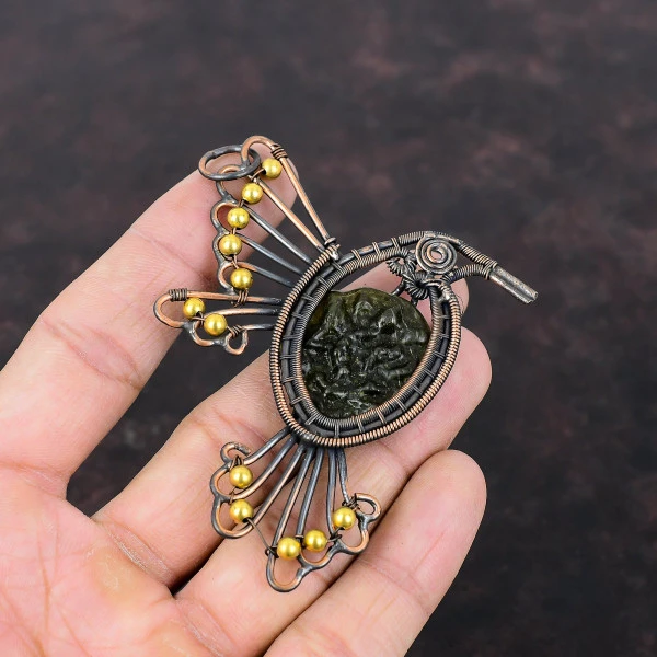 Moldavite Round Green Handmade Copper Wire Wrapped Pendant