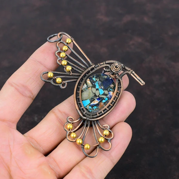 Copper Multi Turquoise Oval Blue Handmade Copper Wire Wrapped Pendant