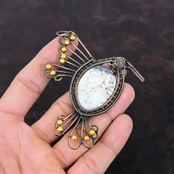 Dendrite Opal Oval White Handmade Copper Wire Wrapped Pendant