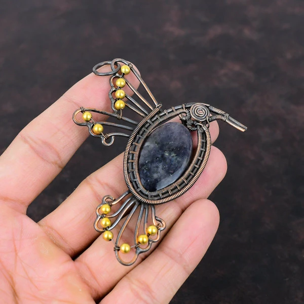 Iolite Sunstone Oval Blue Handmade Copper Wire Wrapped Pendant