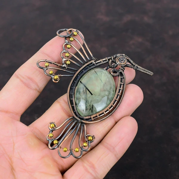 Moss Prehnite Oval Green Handmade Copper Wire Wrapped Pendant