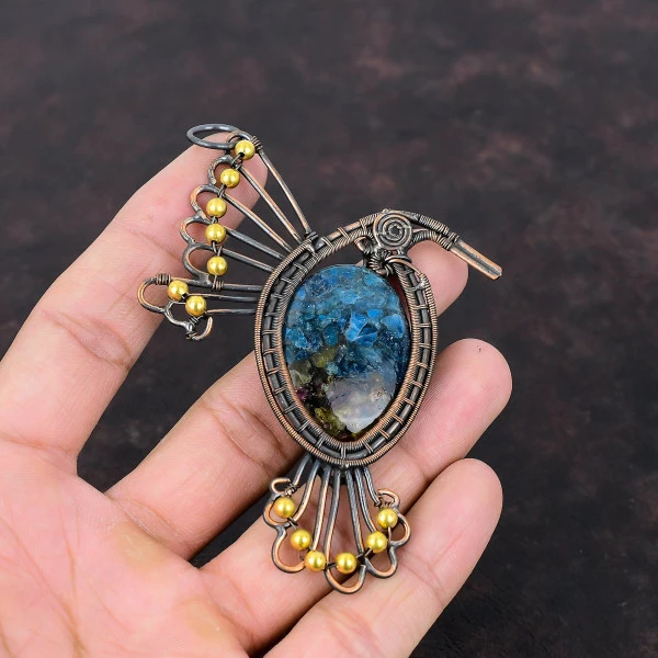 Watermelon Tourmaline Oval Blue Handmade Copper Wire Wrapped Pendant