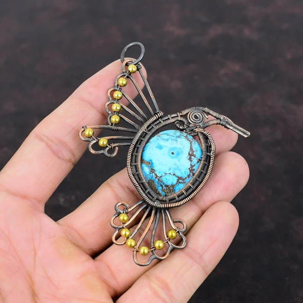 Tibetan Turquoise Oval Blue Handmade Copper Wire Wrapped Pendant