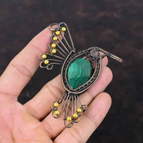 Malachite Oval Green Handmade Copper Wire Wrapped Pendant