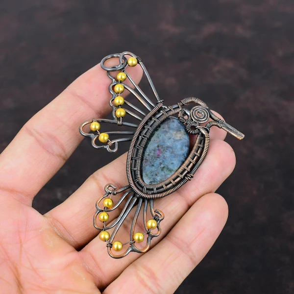 Ruby In Blue Kyanite Oval Blue Handmade Copper Wire Wrapped Pendant