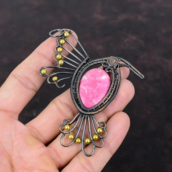 Thulite Oval Pink Handmade Copper Wire Wrapped Pendant
