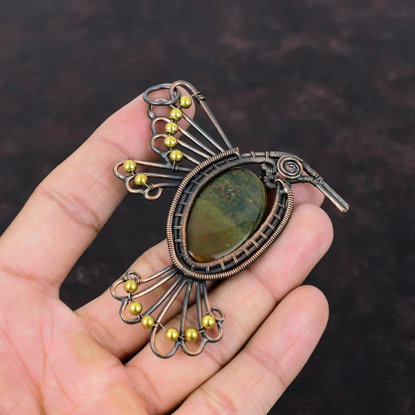 Bloodstone Oval Green Handmade Copper Wire Wrapped Pendant