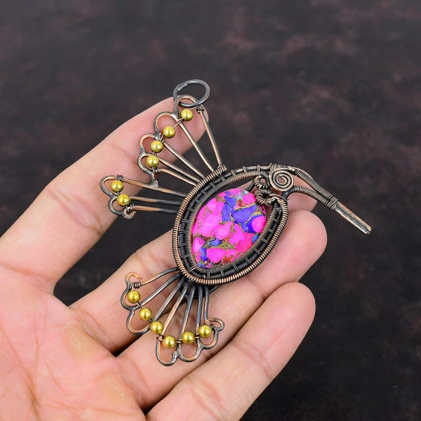 Natural Kingman Pink Dahlia Turquoise Oval Pink Handmade Copper Wire Wrapped Pendant